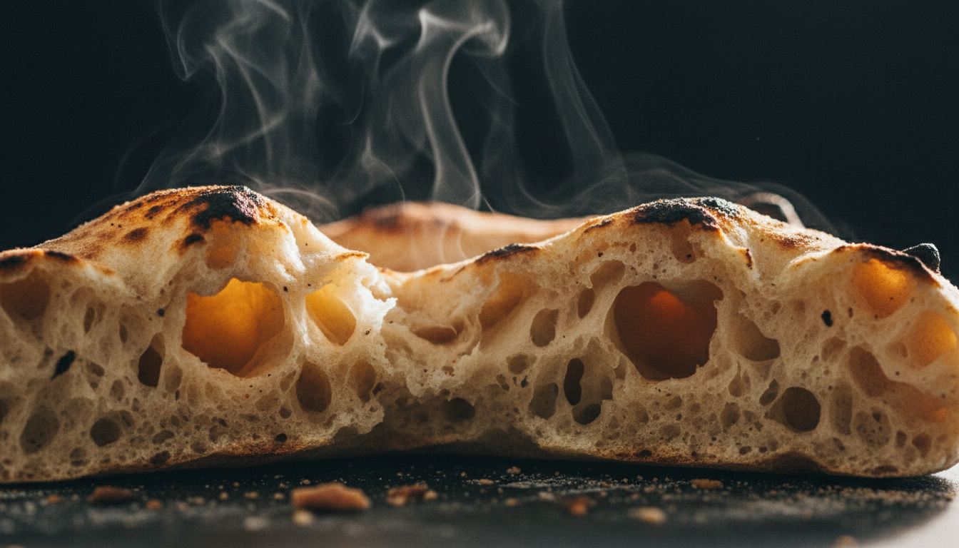 Open airy crumb of a torn crust
