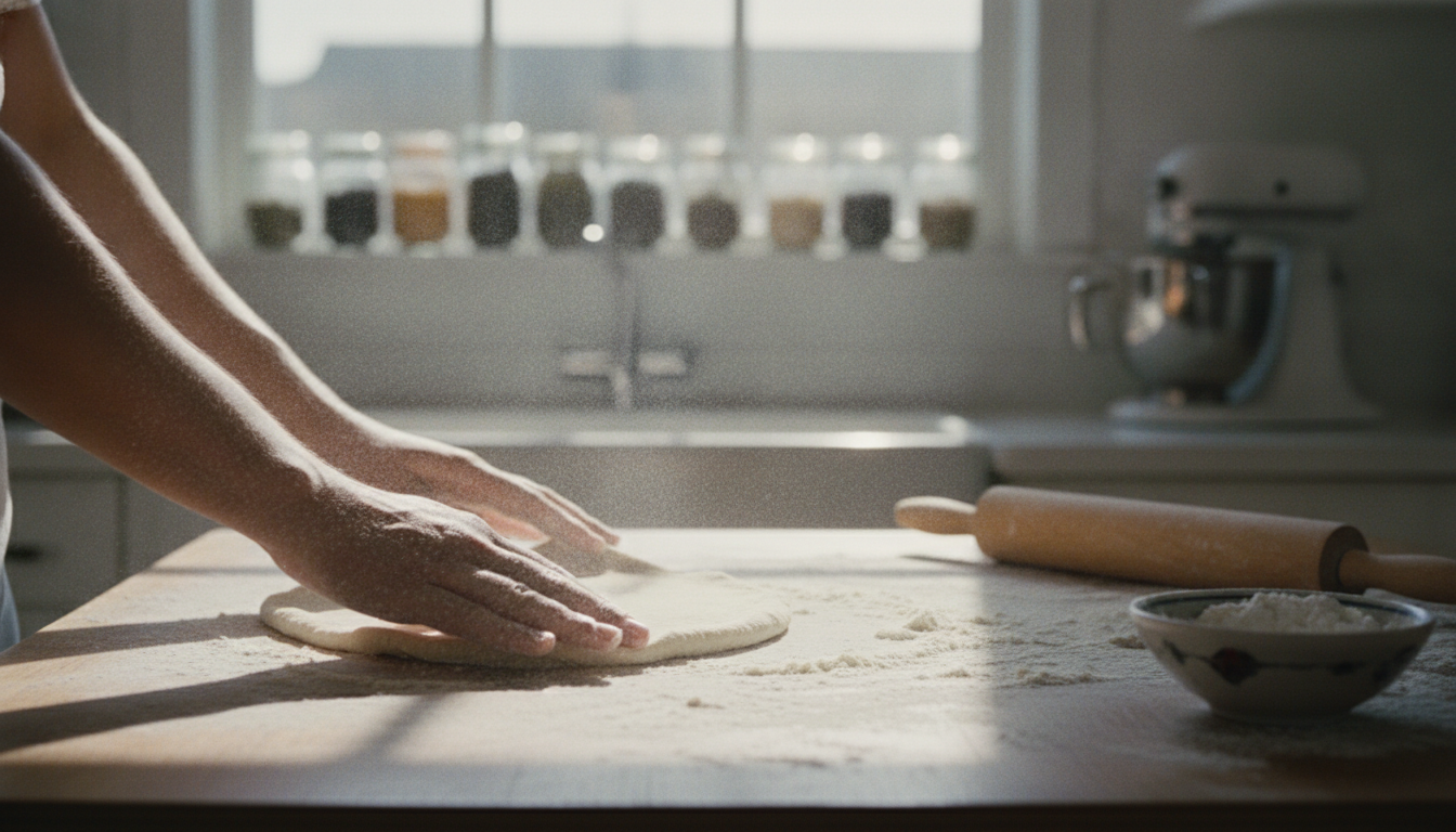 Hands stretching dough in morning light