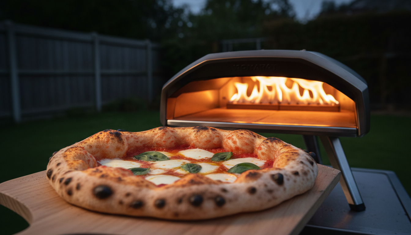 Finished pizza in front of the flame