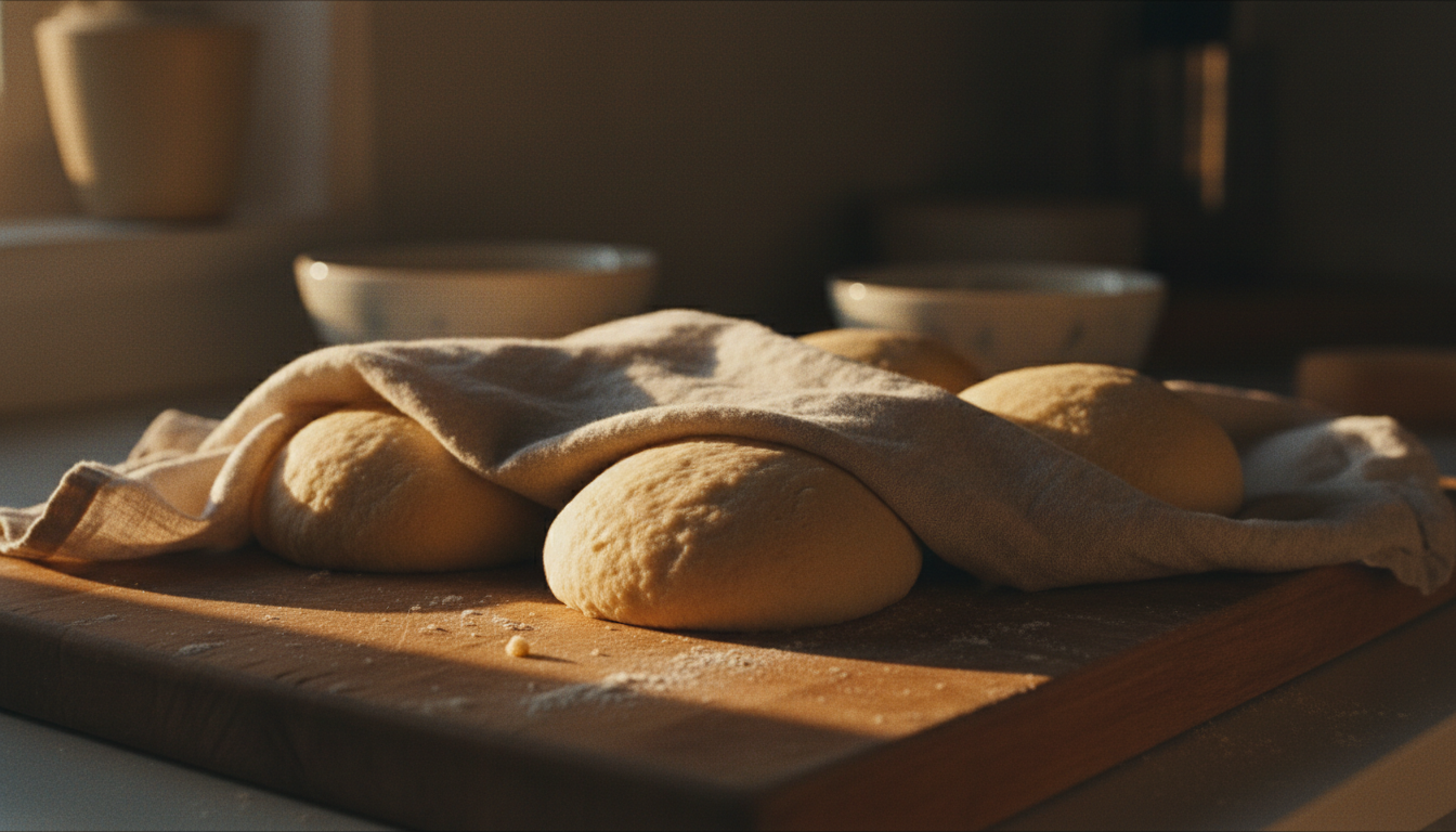 Dough proofing under linen in golden light